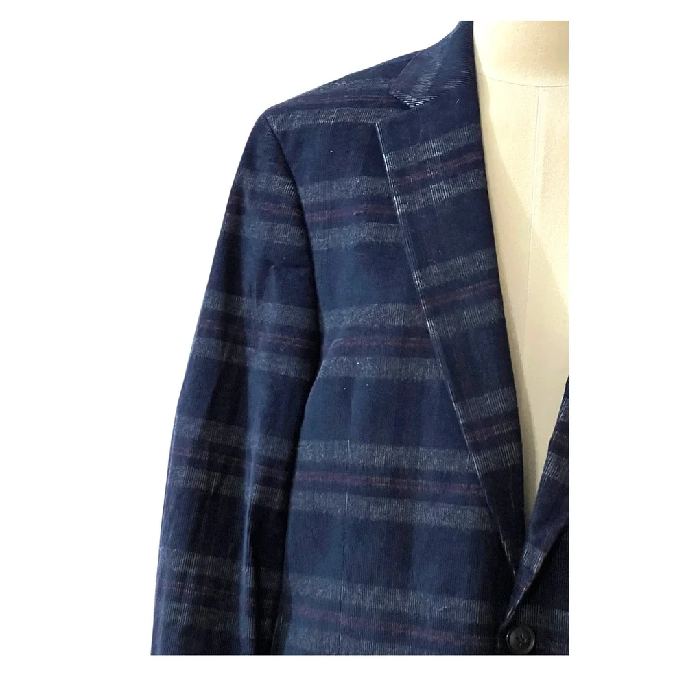 Tommy Hilfiger Mens Navy Blue Plaid Corduroy Sport Coat Blazer 43R